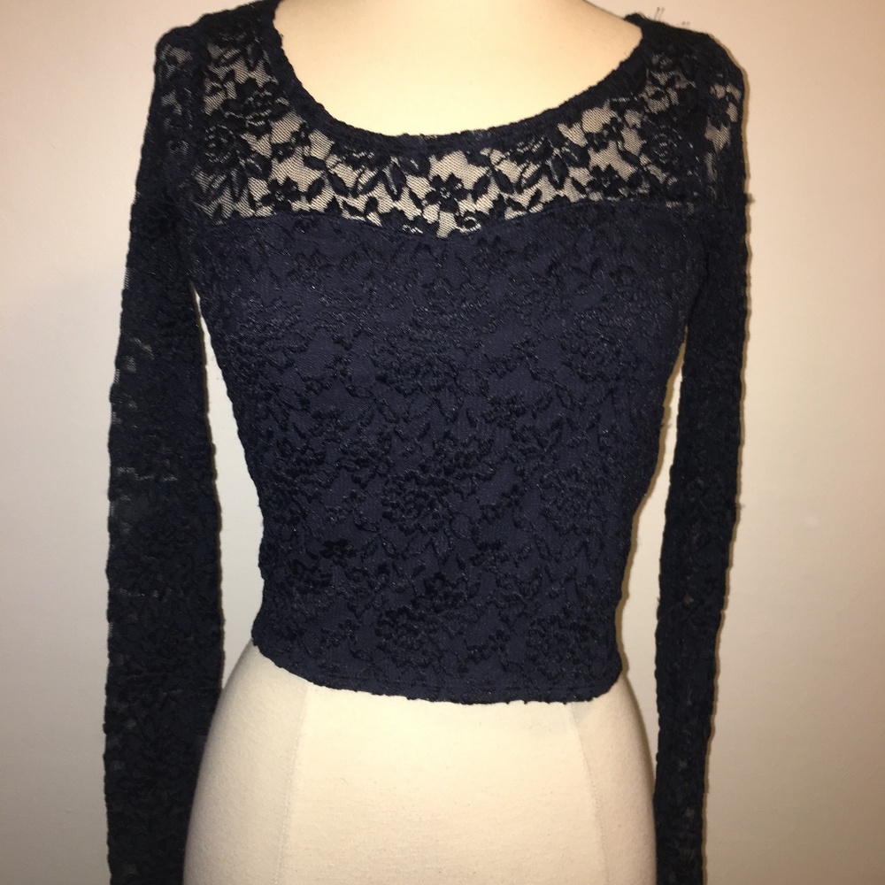 Navy Floral Lace Long Sleeve Crop Top